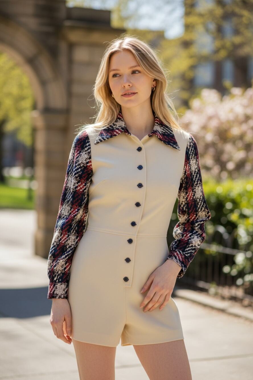 VINTAGE Romper Size S Excellent Cream Long Sleeve Plaid Buttons AMAZING